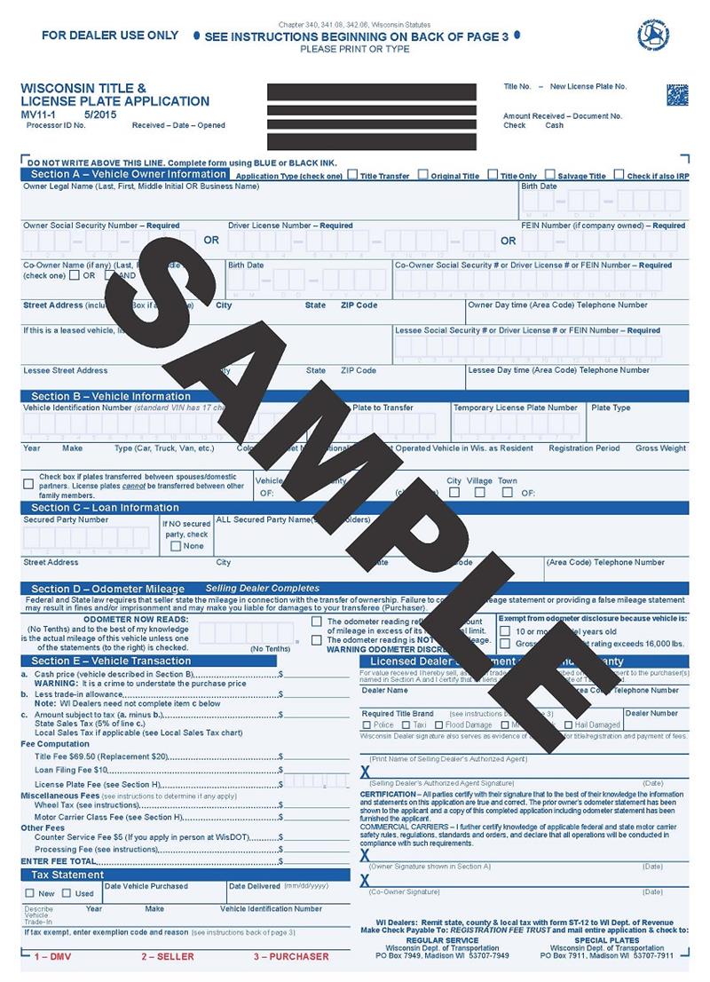 Wisconsin Title and License Plate Application, 5/2015 rev